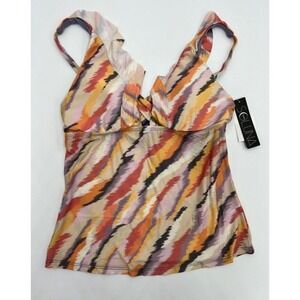 Soluna Swim Womens Multicolor Ikat Zigzag Ruffle Twist Front Tankini Top L NWT